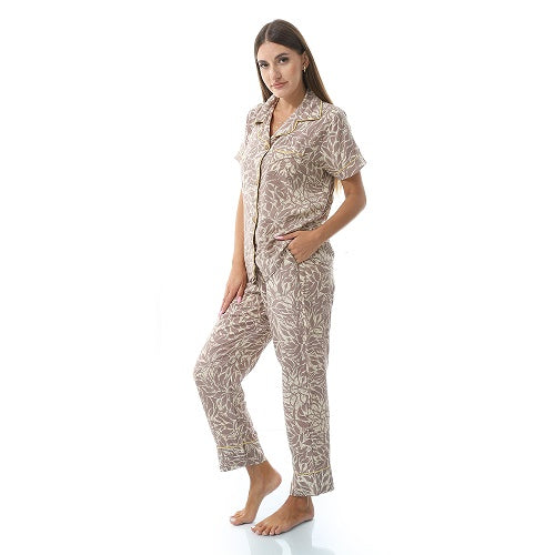 Women's Summer Viscose Classic Elegant Floral Pajamas, Comfortable Sleepwear - Café