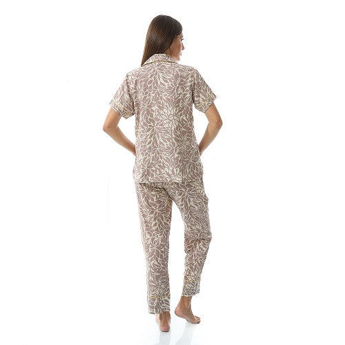 Women's Summer Viscose Classic Elegant Floral Pajamas, Comfortable Sleepwear - Café