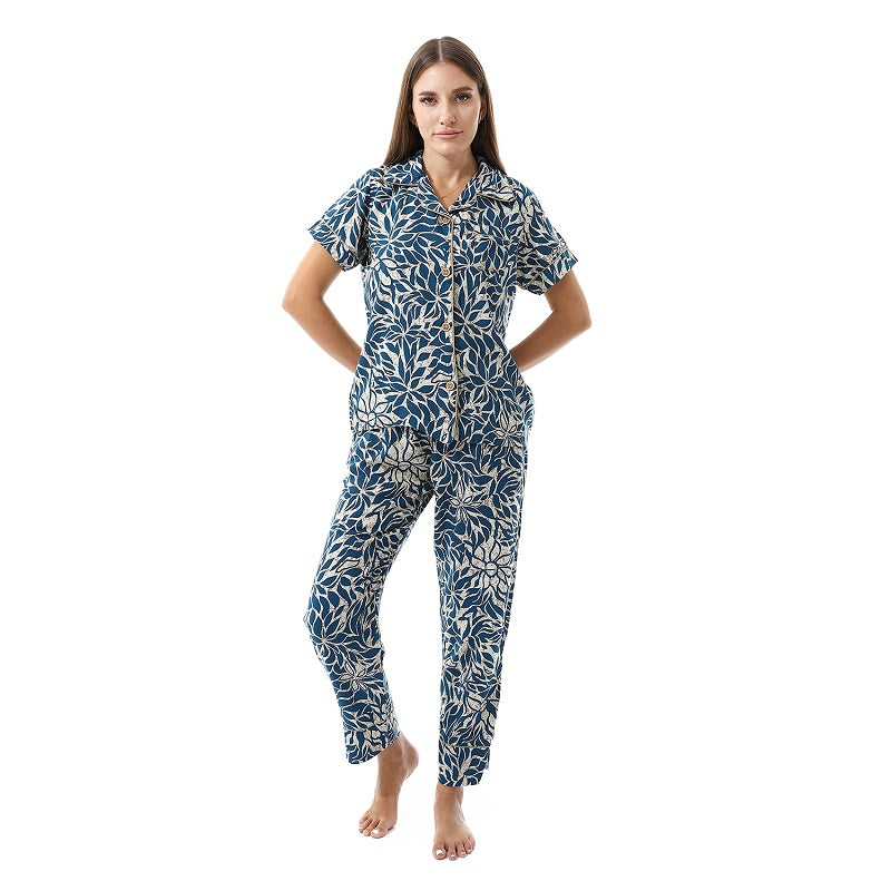 Women's Summer Viscose Classic Elegant Floral Pajamas, Comfortable Sleepwear - Petroleum