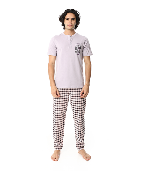 Men’s Cotton Pajama Set – Lavender Henley T-Shirt with Black & White Checkered Pants
