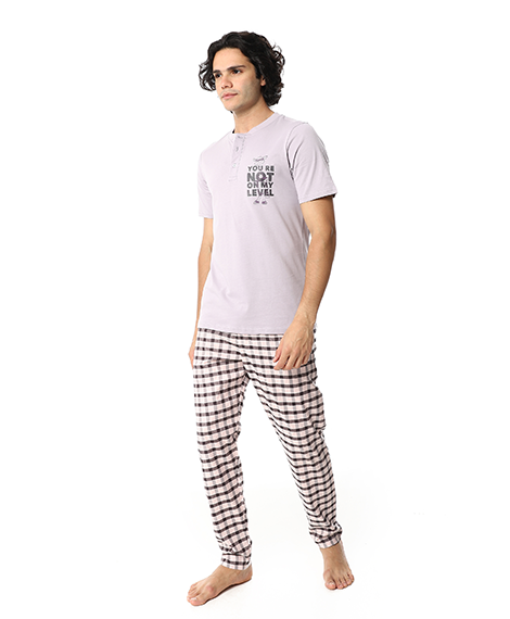 Men’s Cotton Pajama Set – Lavender Henley T-Shirt with Black & White Checkered Pants