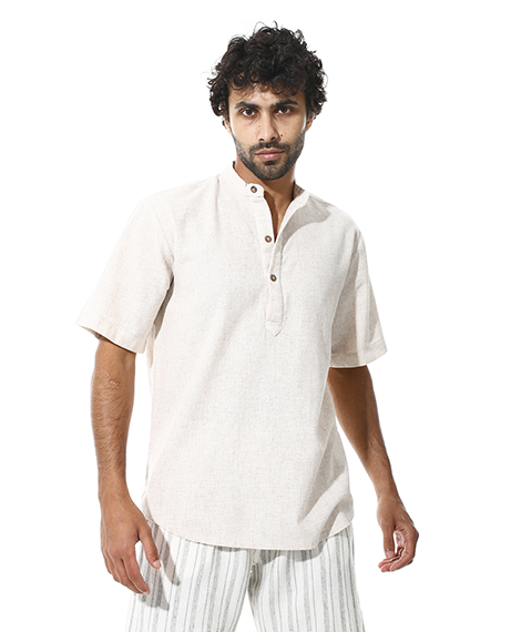 Men's Beige Cotton Short Sleeve Henley Shirt
