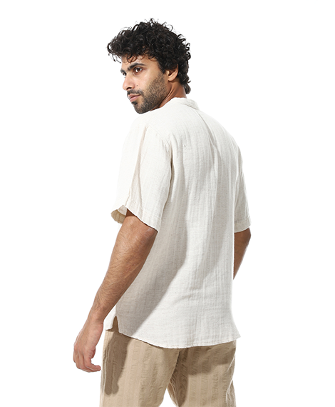 Men's Beige Cotton Linen Short Sleeve Henley Shirt