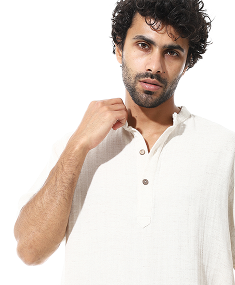 Men's Beige Cotton Linen Short Sleeve Henley Shirt