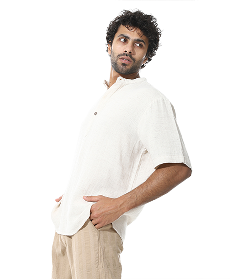 Men's Beige Cotton Linen Short Sleeve Henley Shirt