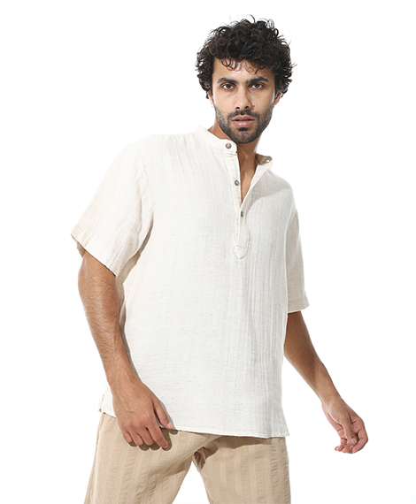 Men's Beige Cotton Linen Short Sleeve Henley Shirt
