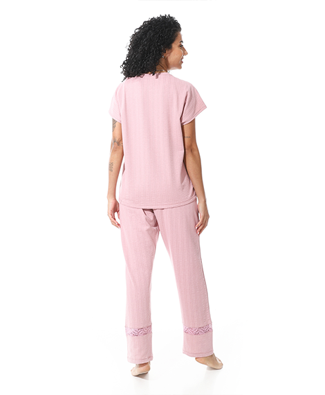 Elegant Summer Jacquard Pajama Set with Lace Detailing - Kashmir