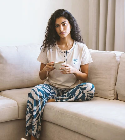 Women's modal pajama set with embroidered pants