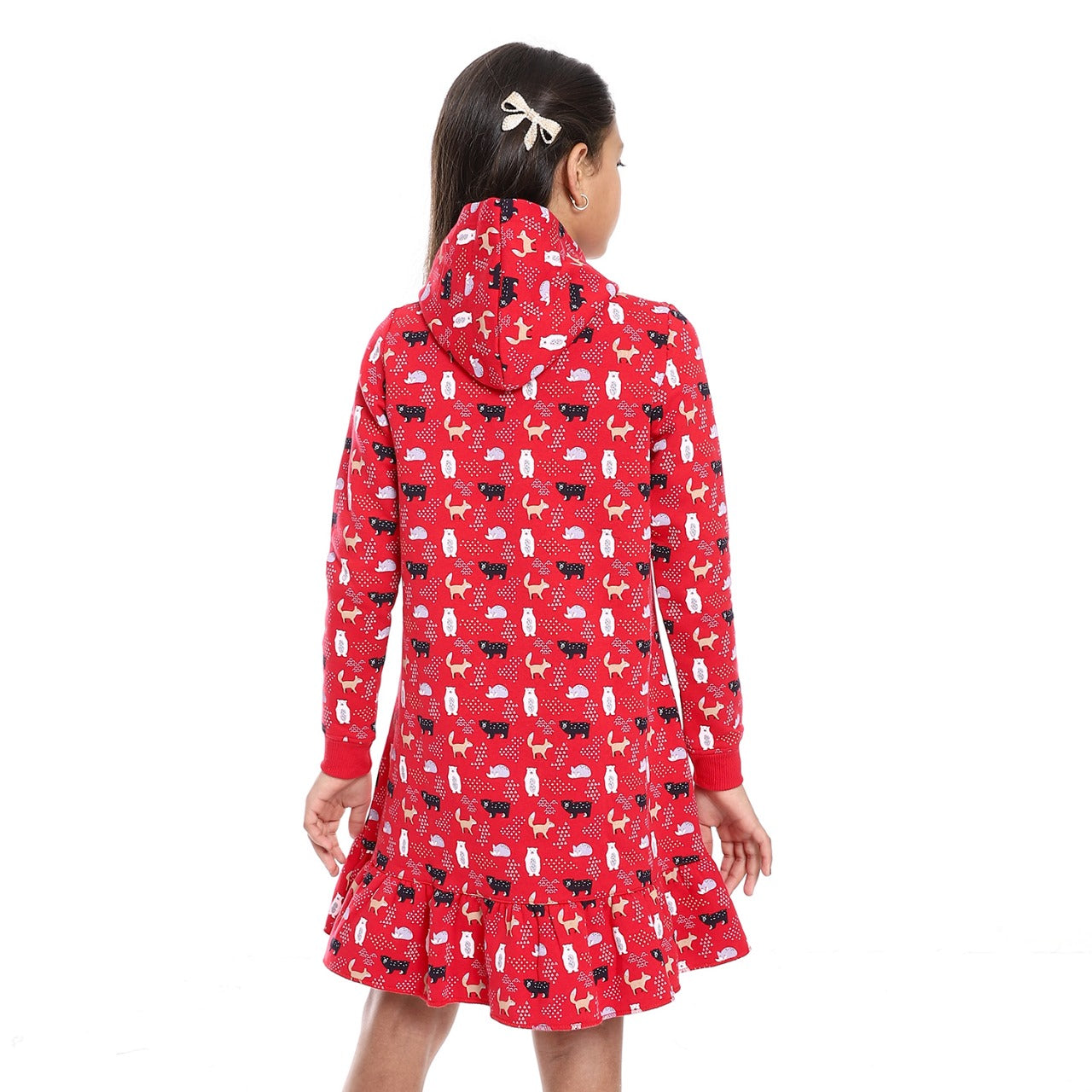 Girls' Winter Red Long-Sleeve Printed Dress