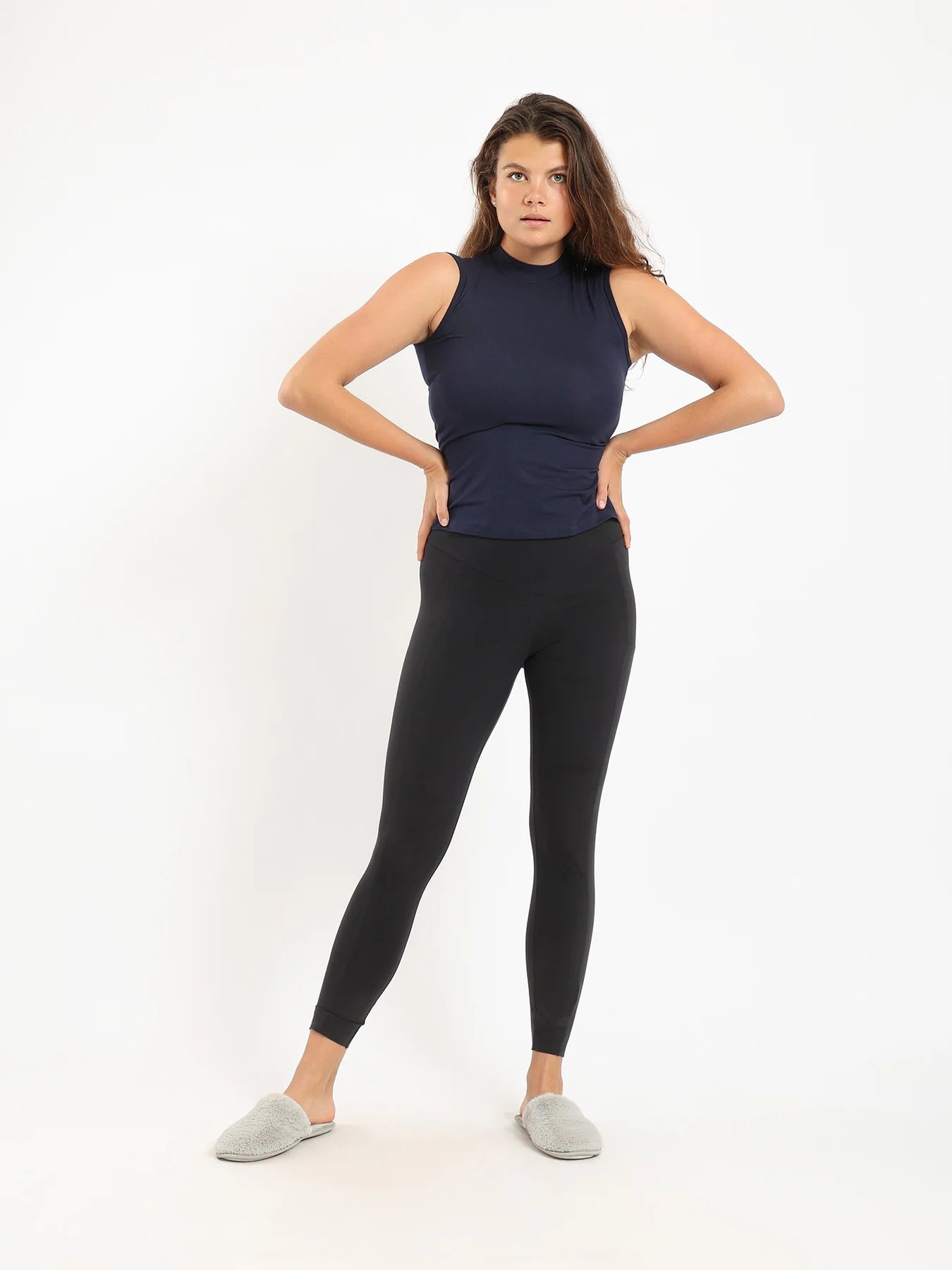 Women High Neck Sleeveless Basic Shirt - Navy Blue