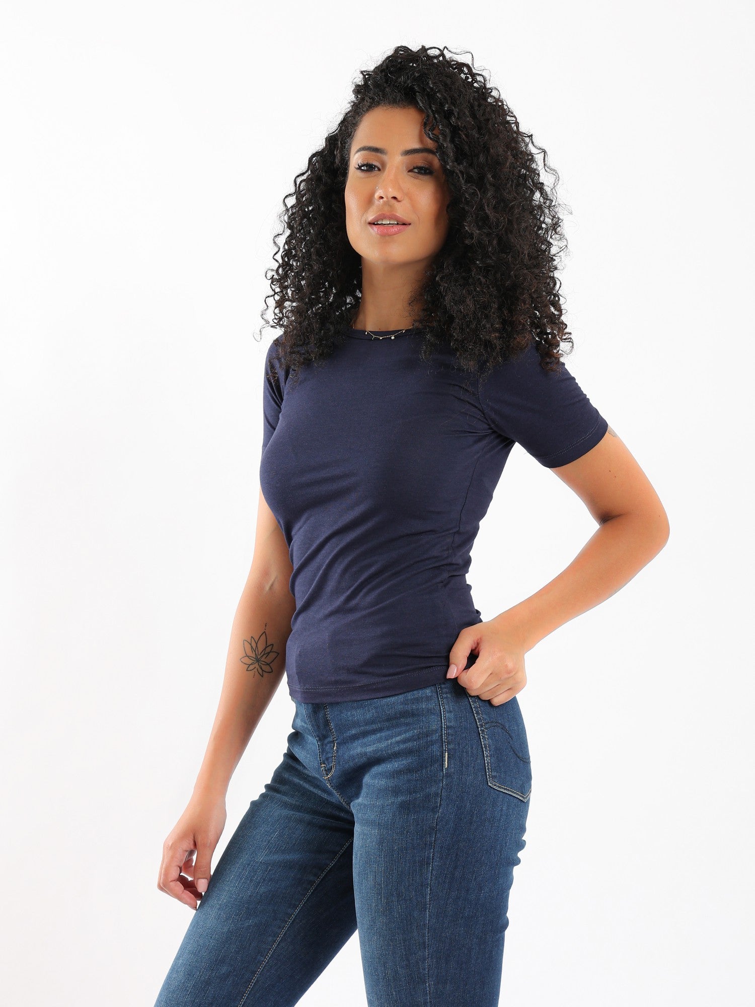 Women Basic Shirt, Short Sleeve - Navy Blue