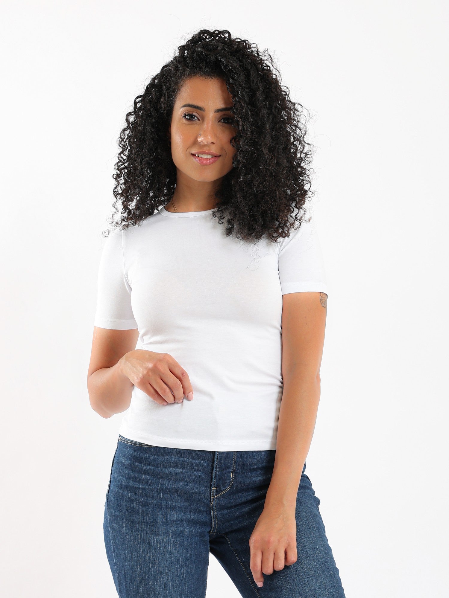 Women Basic Shirt, Short Sleeve - White