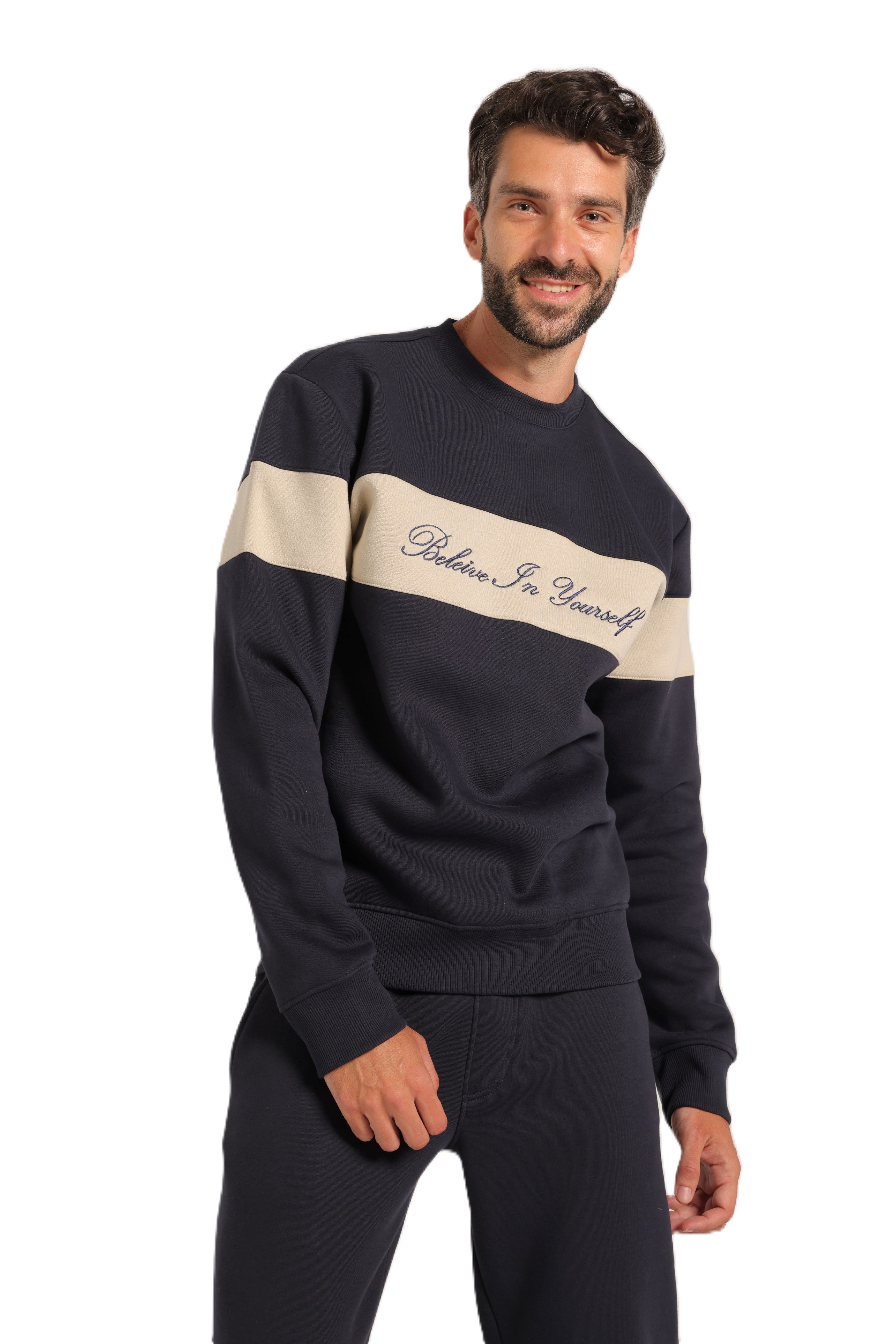 Men’s Lined Tracksuit with Contrast Chest Stripe – Navy Blue