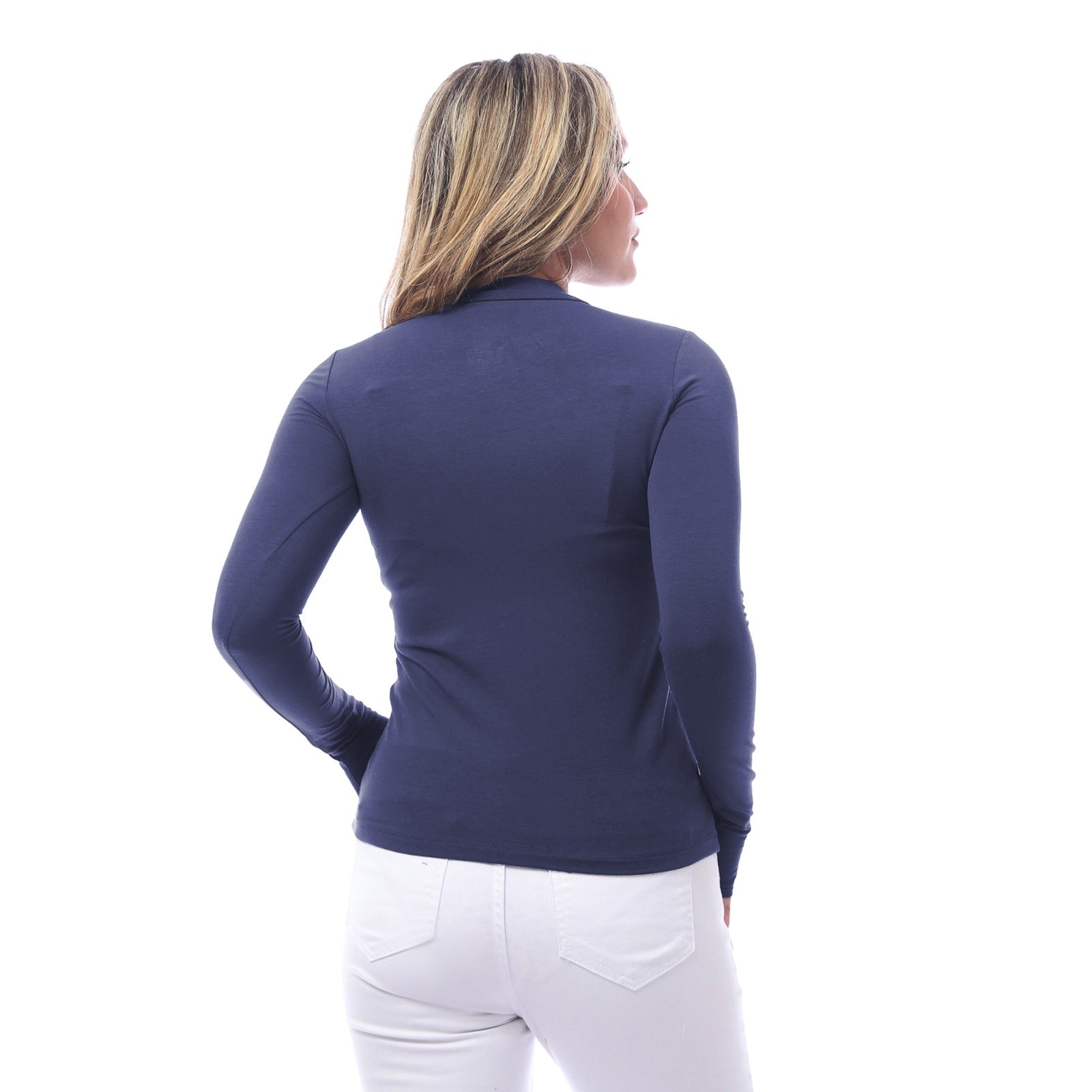 High Neck Long Sleeve T-Shirt For Women - Navy