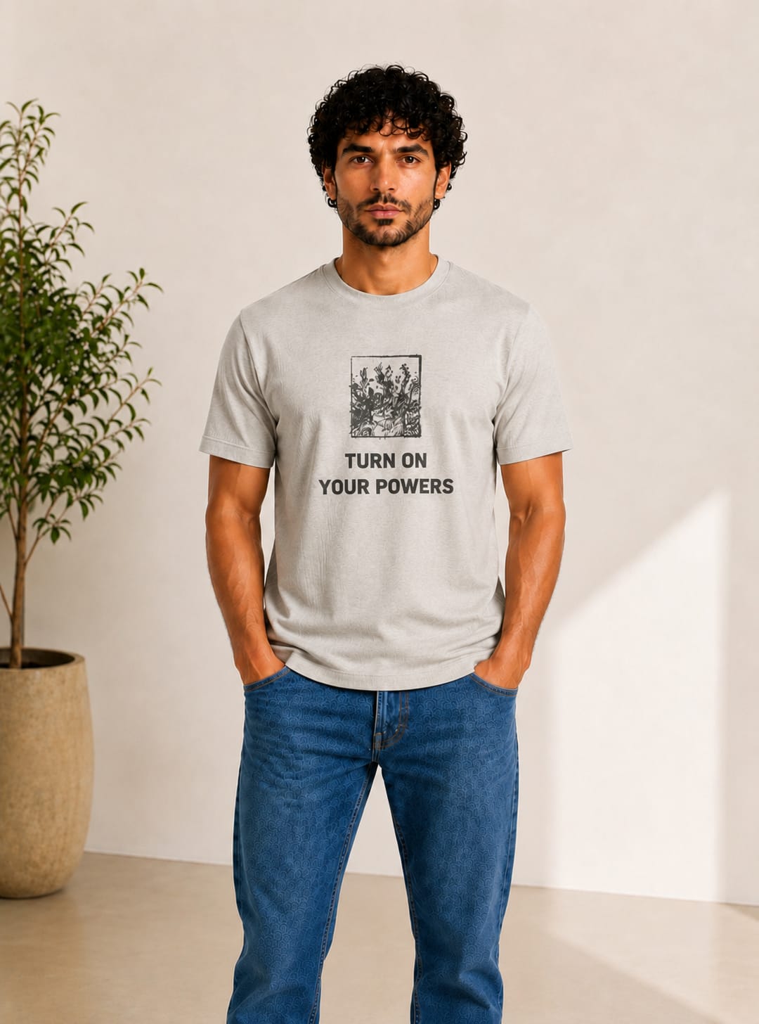 Men "Turn On Your Powers" Motivational Cotton Tee in Silver