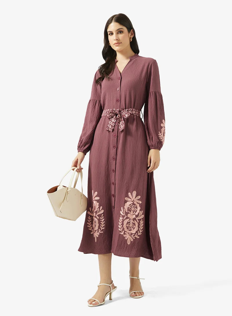 Plum Embroidered Maxi Dress with Belt