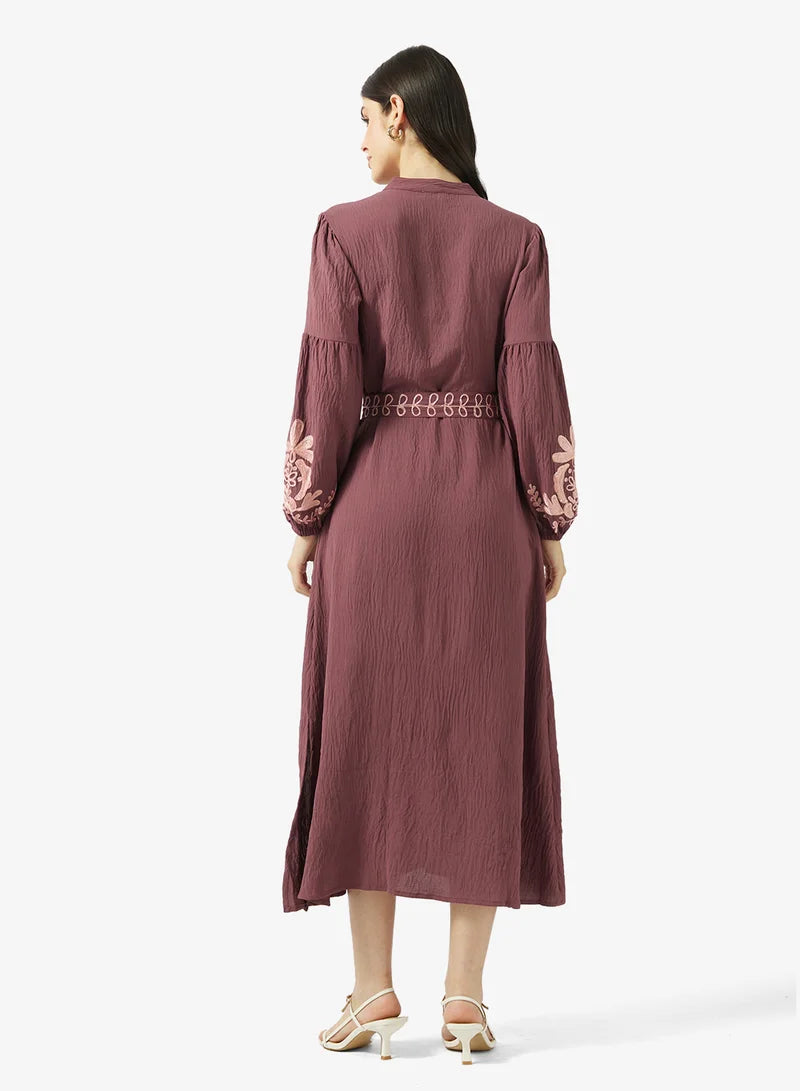 Plum Embroidered Maxi Dress with Belt