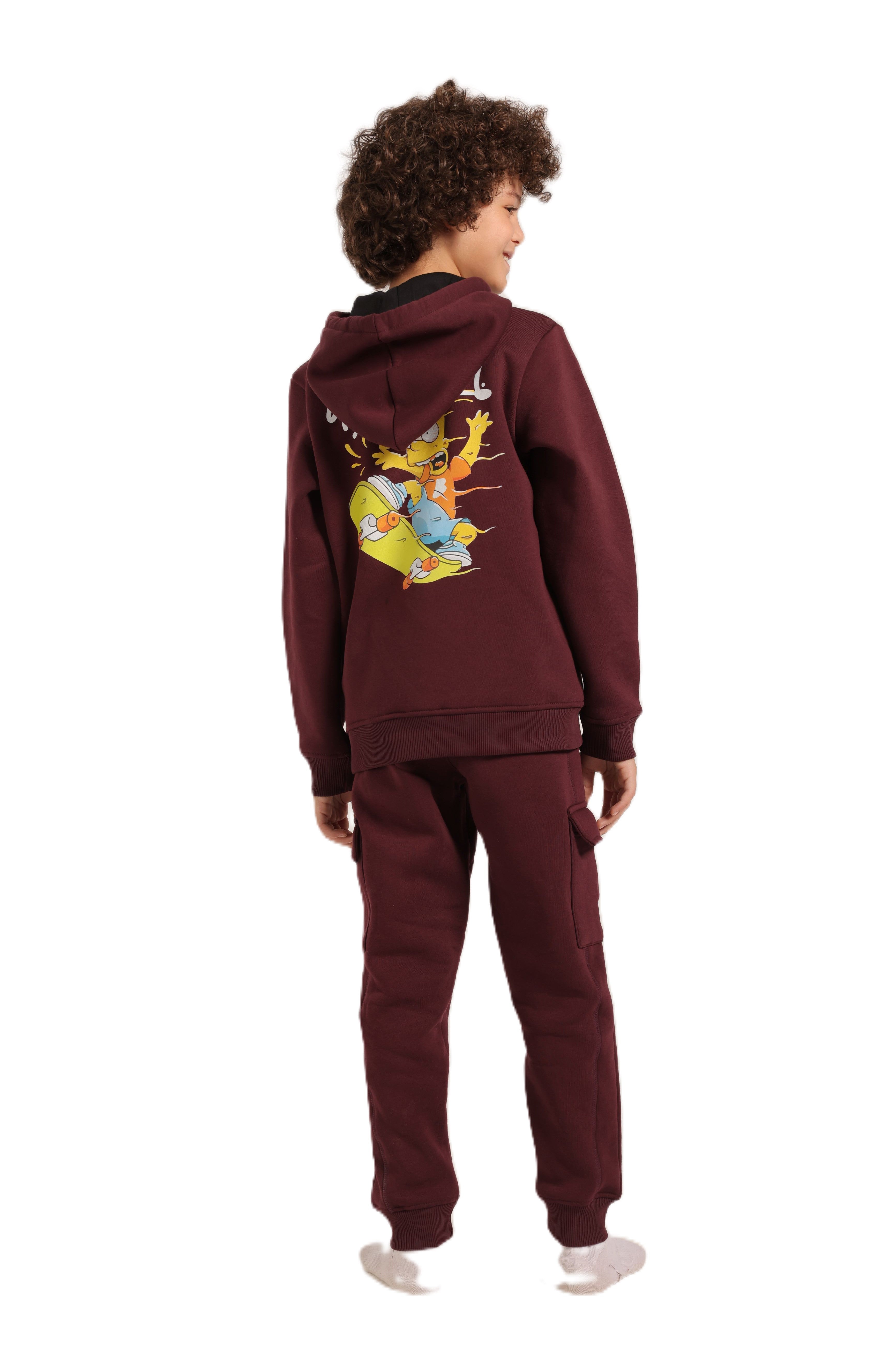 Boys’ Maroon Hoodie Pajama Set with Cartoon Back Print