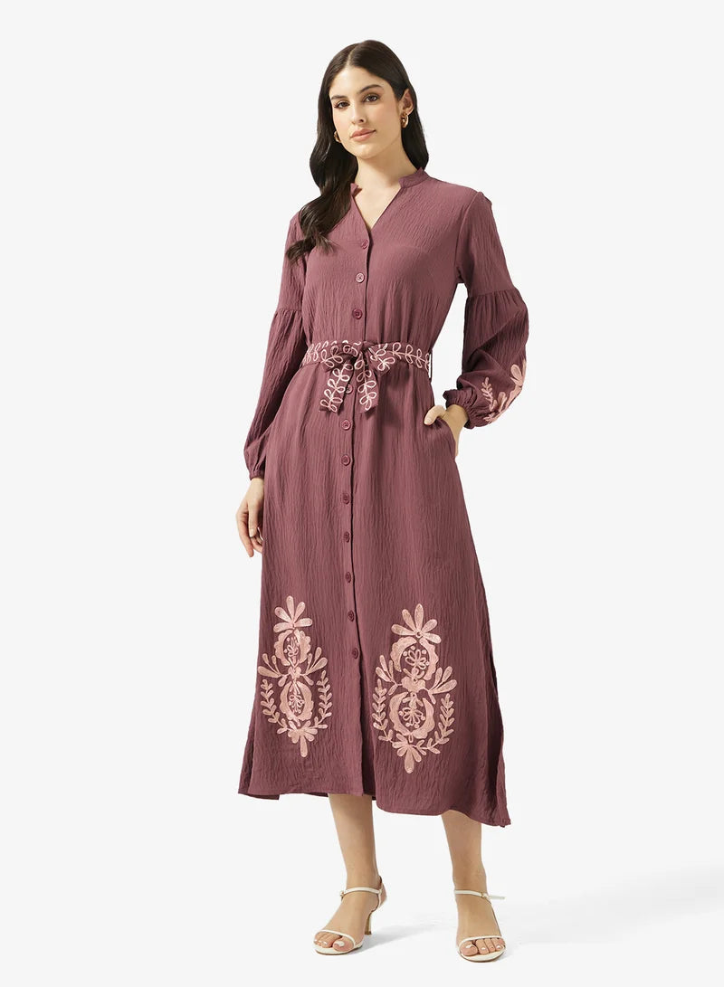 Plum Embroidered Maxi Dress with Belt