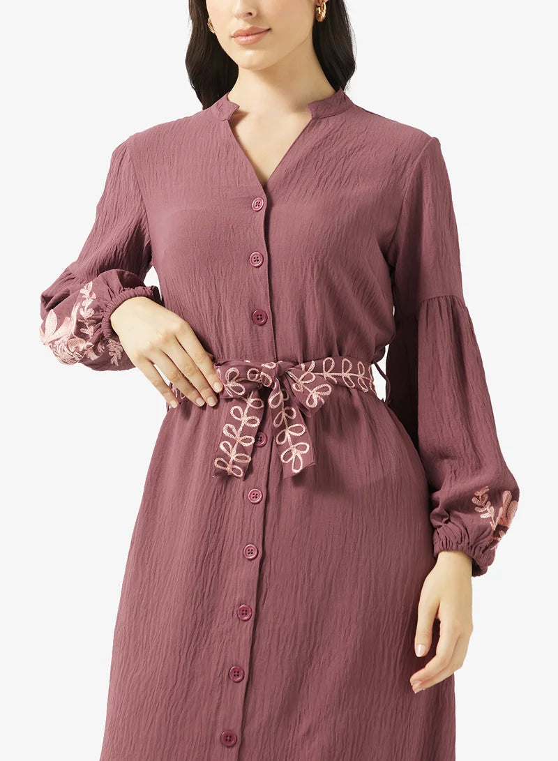 Plum Embroidered Maxi Dress with Belt