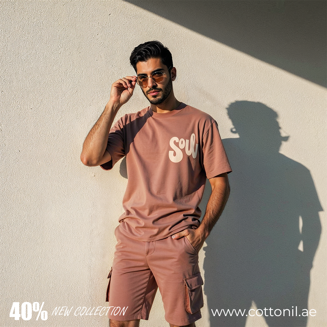 Men's Set Casual Cargo Shorts Set – Print T-Shirt - Brown