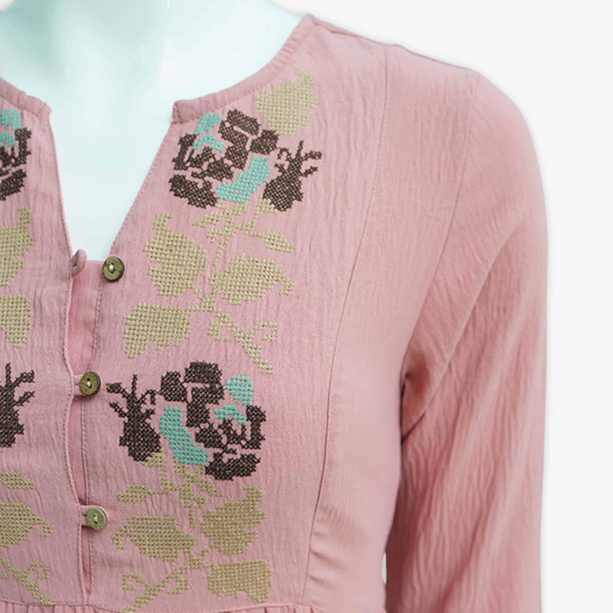 Dusty Rose Tiered Midi Dress with Floral Embroidery