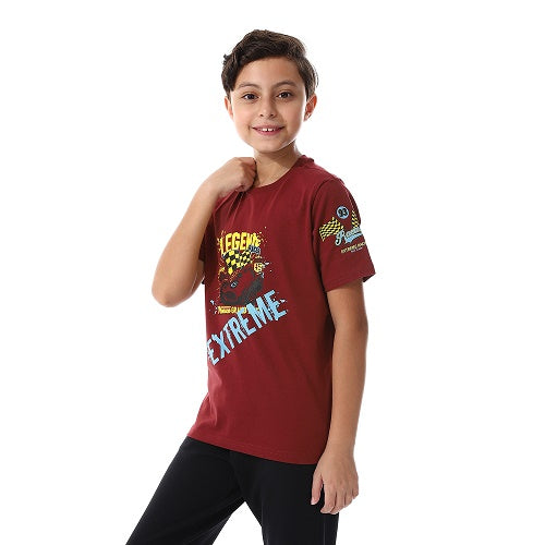 Boy's Summer Pajama Pants and Half Sleeves - Dark Red