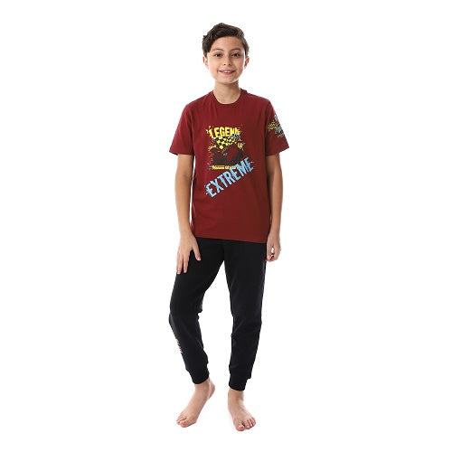 Boy's Summer Pajama Pants and Half Sleeves - Dark Red