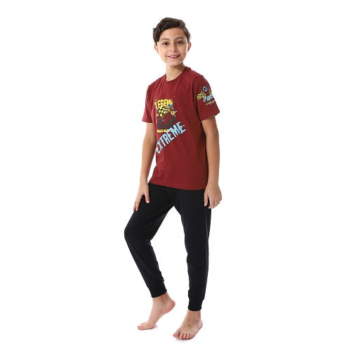 Boy's Summer Pajama Pants and Half Sleeves - Dark Red