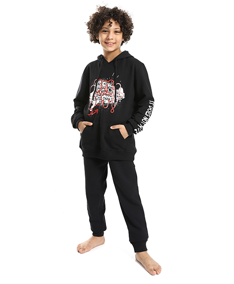 Boys Mixed Black and Mustard Printed Hoodie and Black Pants Set - Stylish and Cozy Loungewear