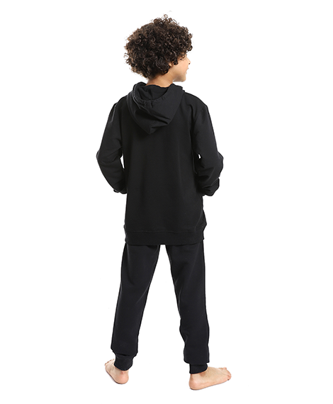 Boys Mixed Black and Mustard Printed Hoodie and Black Pants Set - Stylish and Cozy Loungewear