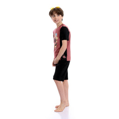 Red Cotton - Boys Bi-Tone Printed Summer Shorts Pajama Set - Dusty Rose & Black