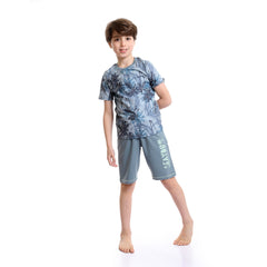 Red Cotton - Boys Palm Tree Tee & Shorts Pajama Set - Dusty Blue & Grey
