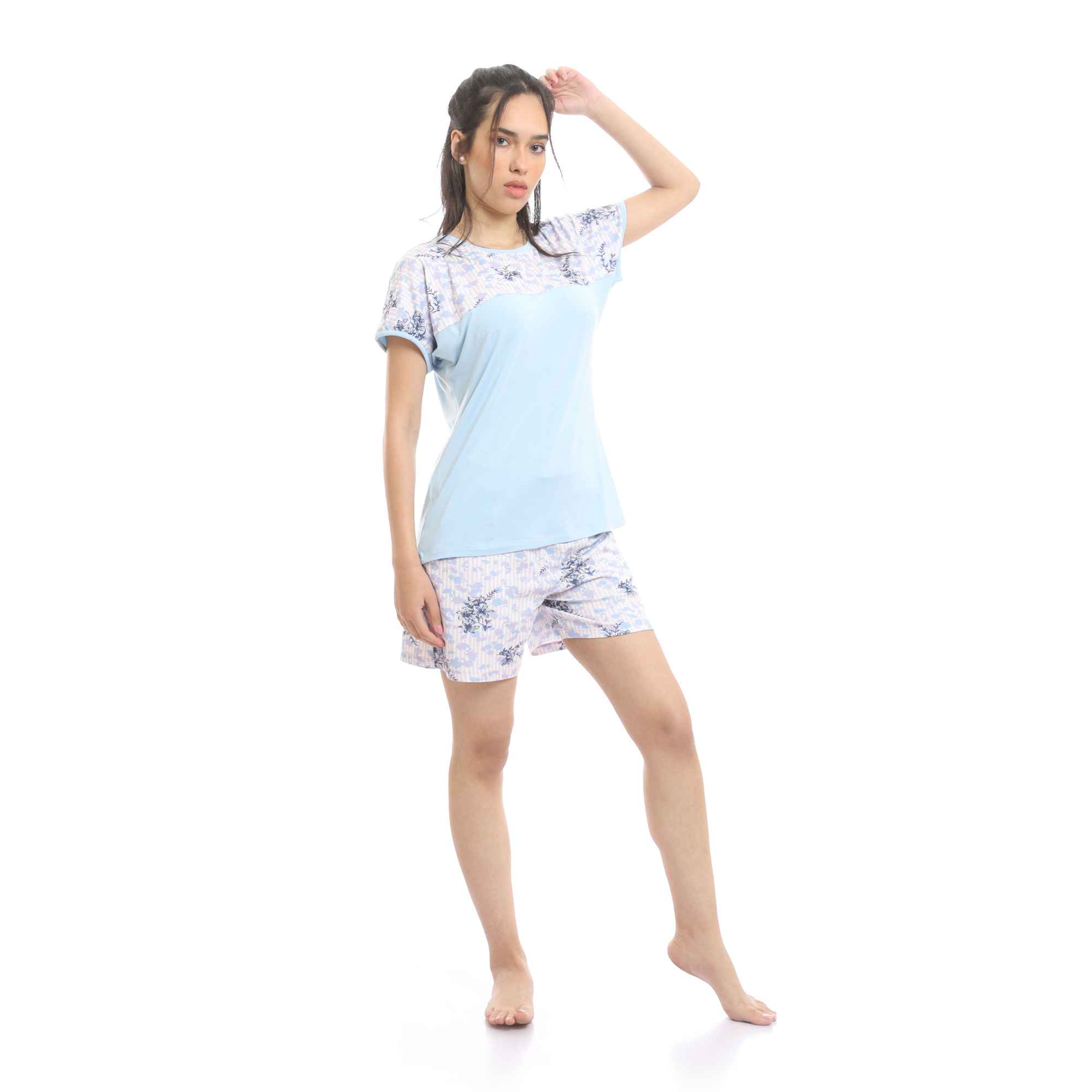 Short Sleeves Tee & Patterned Shorts Pajama Set - Baby Blue & Rose