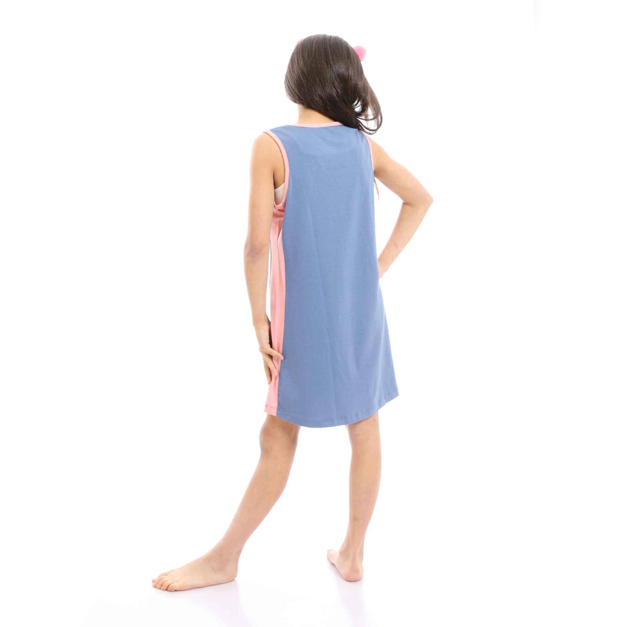 Girls Bi-Tone Printed Cool Sleeveless Nightgown - Steel Blue & Pink