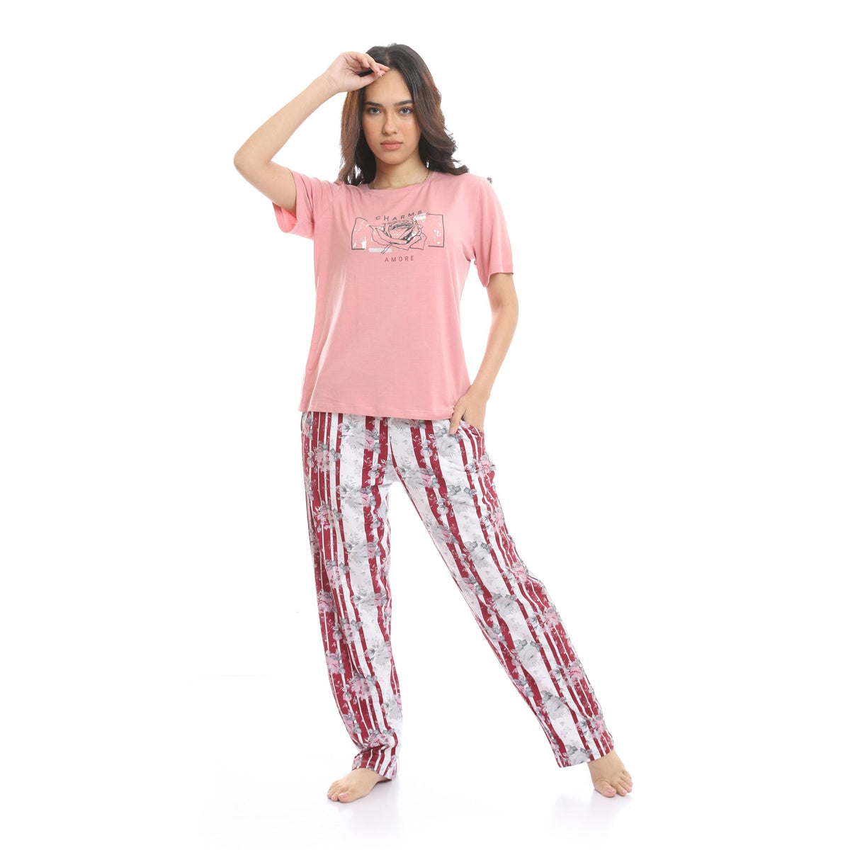 Red Cotton - Round Neck Tee & Patterned Pants Pajama Set - Pink & White