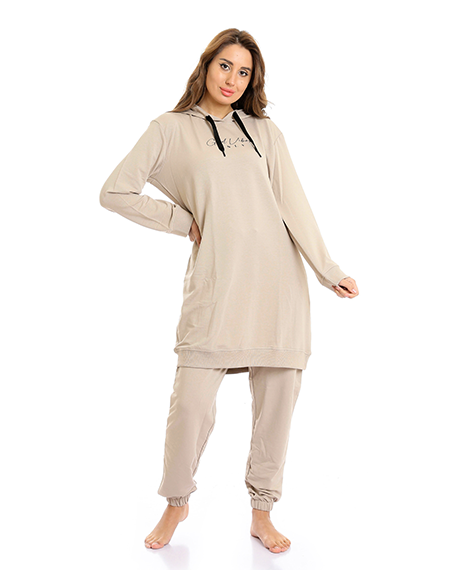 Long Hoodie with Hem & Solid Pants Pajama Set - Latte