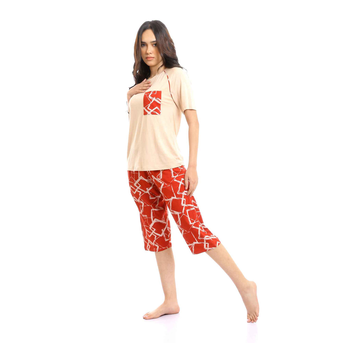 Red Cotton Womens Capri Pajama Set cottonil