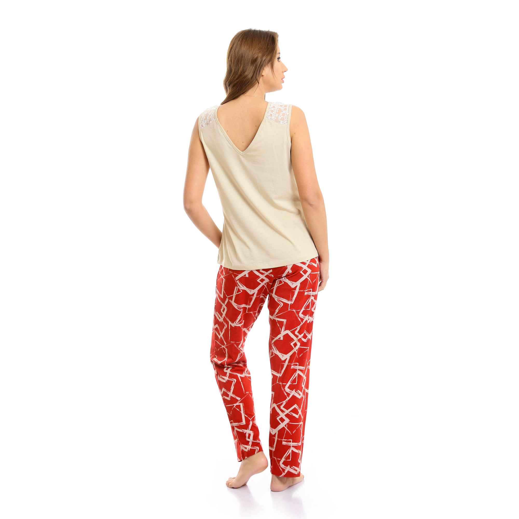 Good Vibes V-Neck Top & Patterned Pants Pajama Set - Beige & Red