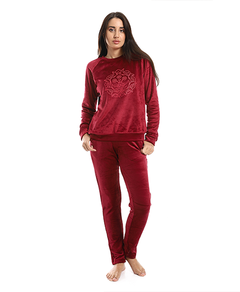 Women's Printed Velour Pajamas - Dark Red