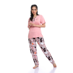 Red Cotton - Cotton Tee & Patterned Pants Pajama Set - Pink & White
