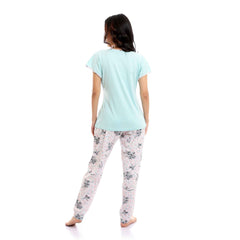 Red Cotton - Short Sleeves Tee & Patterned Pants Pajama Set - Pastel Mint & Rose