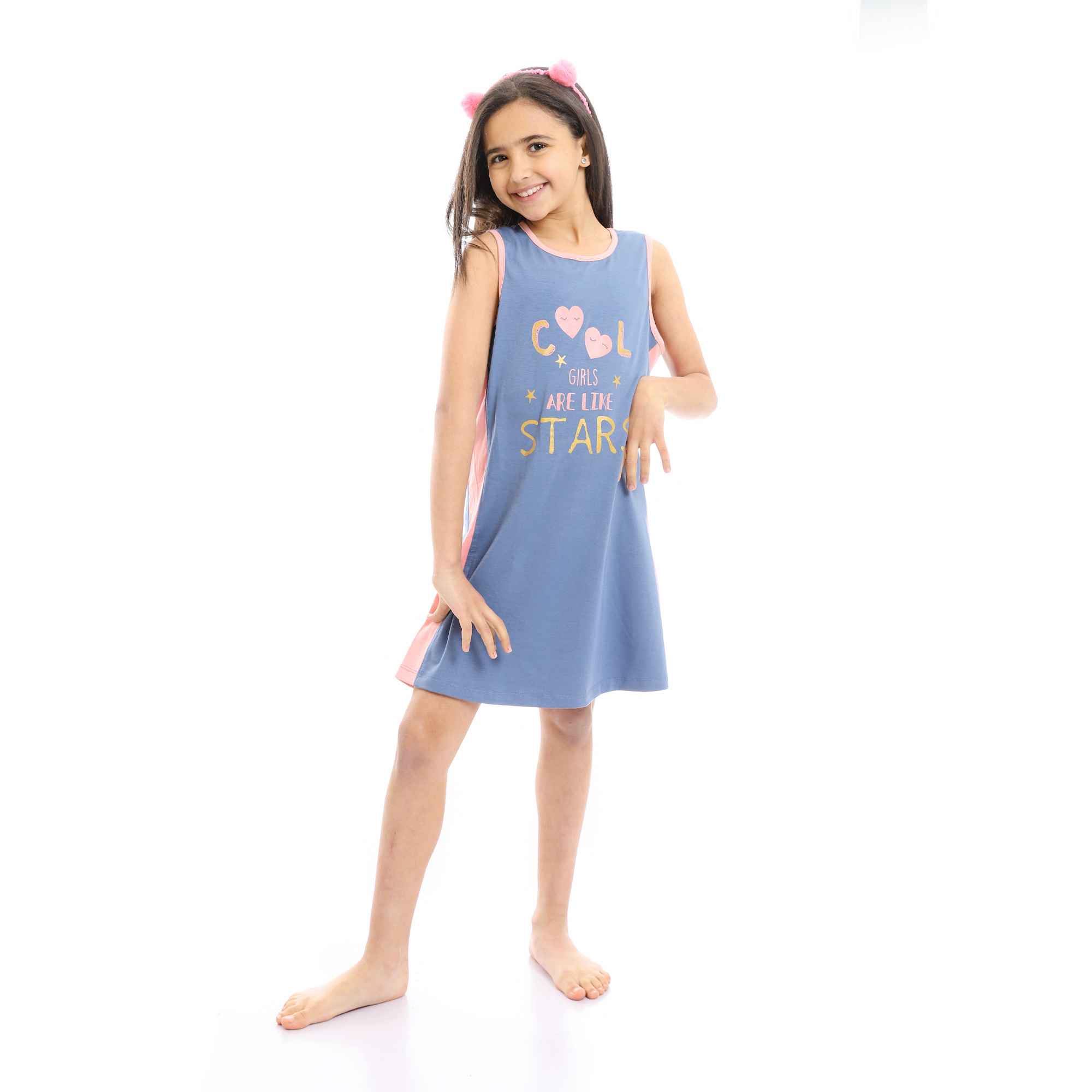 Girls Bi-Tone Printed Cool Sleeveless Nightgown - Steel Blue & Pink