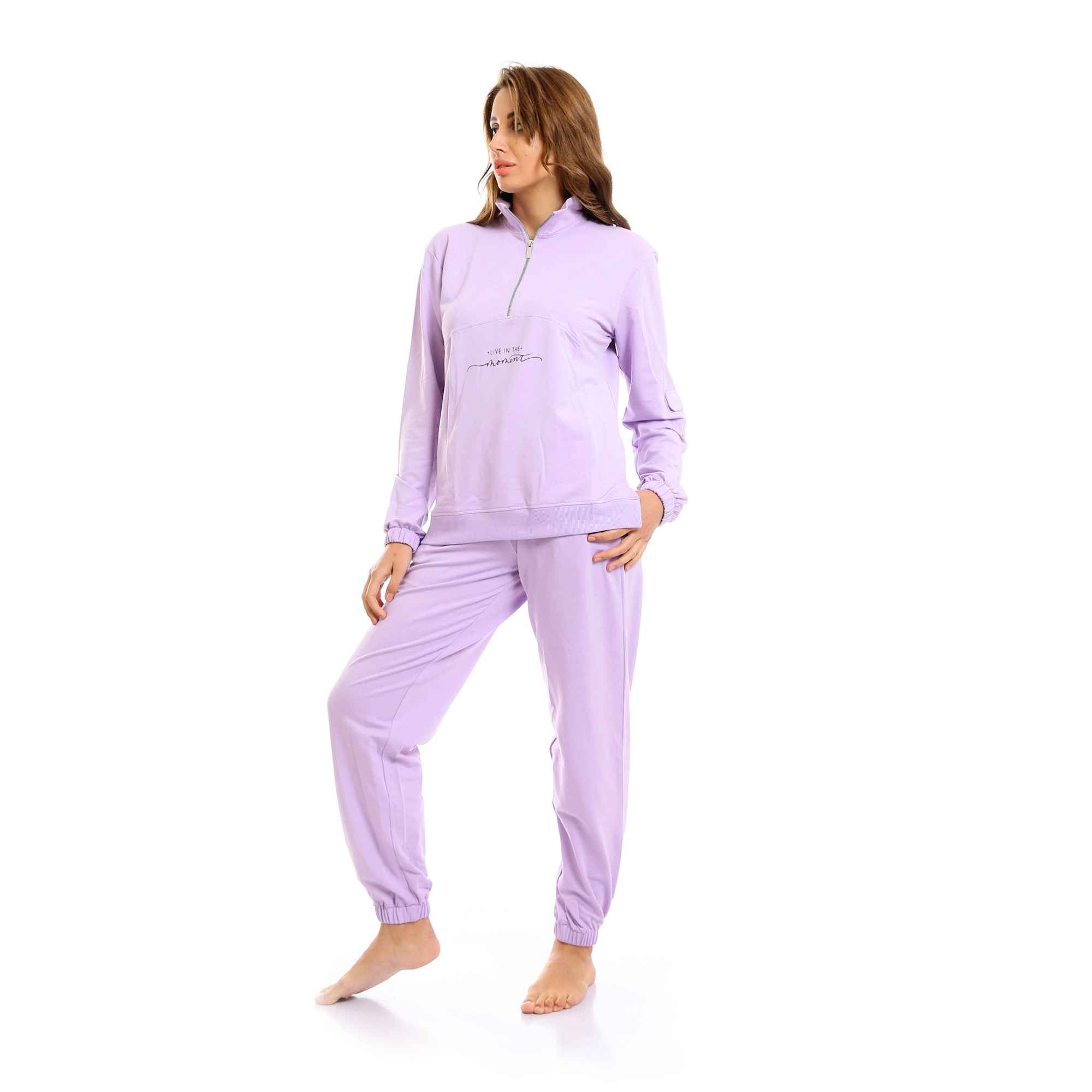 Zipped Neck Sweatshirt & Cotton Pants Pajama Set - Move