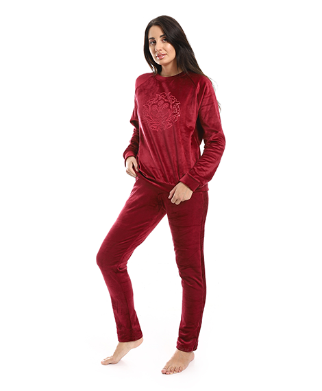 Women's printed velour pajamas - Dark red