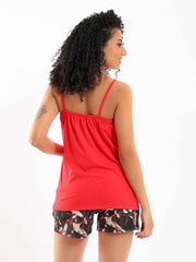 Red Cotton - Deep V-Neck Long Top & Shorts Pajama Set - Red