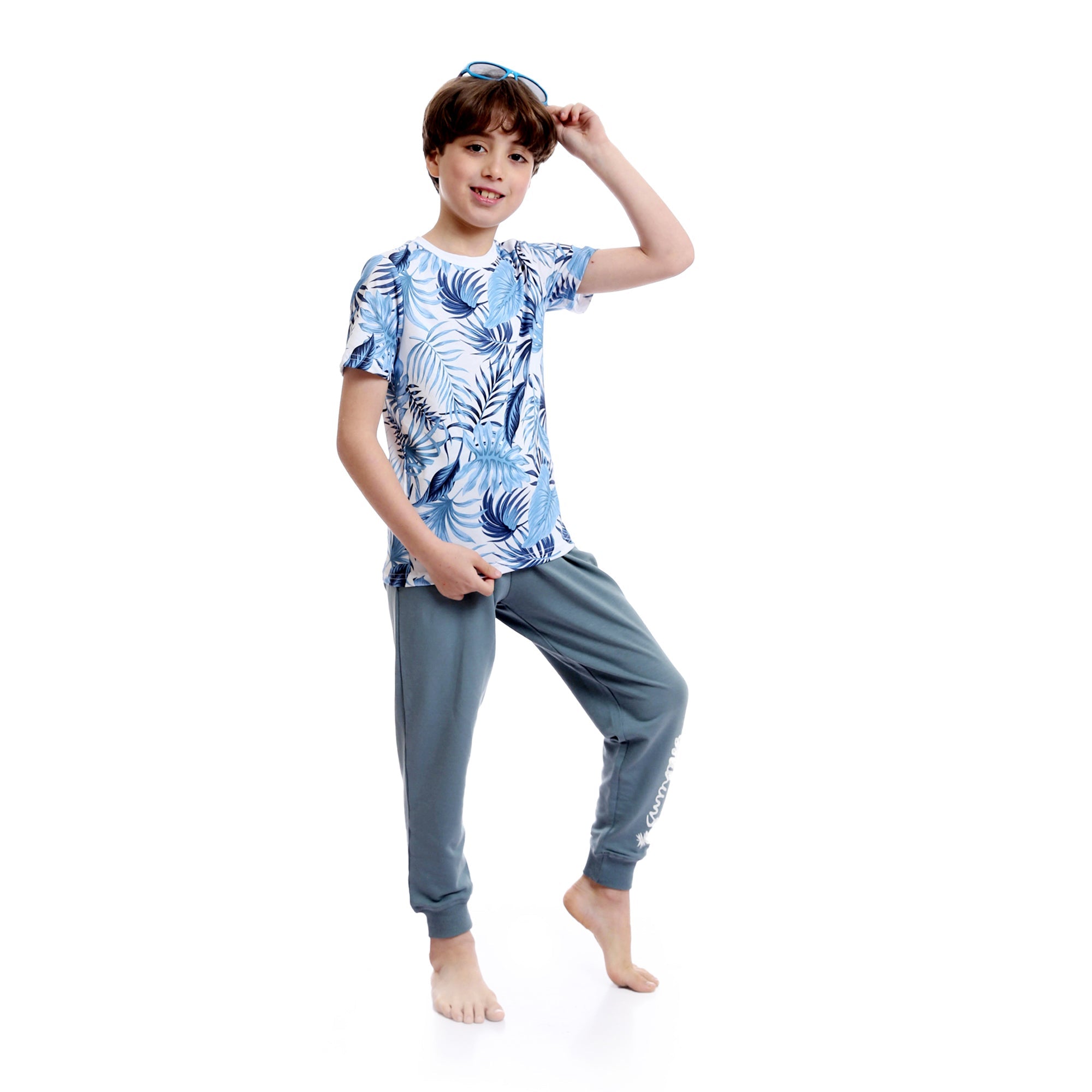 Boys Tropical Leaves Slip On Pants Pajama Set - Sky Blue & Dark Grey